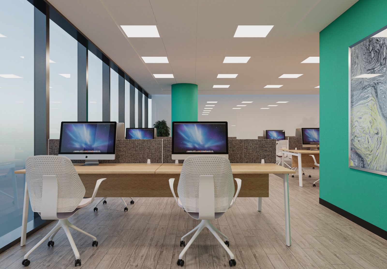 Office interior with desks task lighting and built-in shelving in a clean professional space